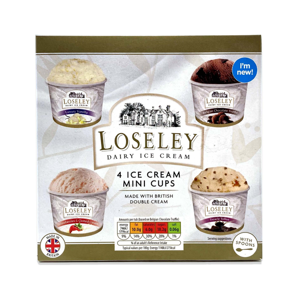 Loseley Ice Cream Mini Tubs - Luxury Vanilla, Belgian Chocolate Truffle, Strawberries & Clotted Cream, Treacle Toffee 4 X 110ml